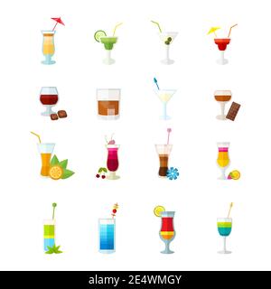 Multicolored large icons set for cocktails party and alcoholic drinks isolated vector illustration Stock Vector