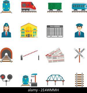 Railway flat icons set with train locomotive wagon conductor isolated vector illustration Stock Vector