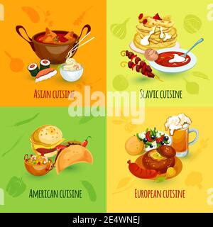 World food design concept set with asian slavic american european cuisine icons isolated vector illustration Stock Vector