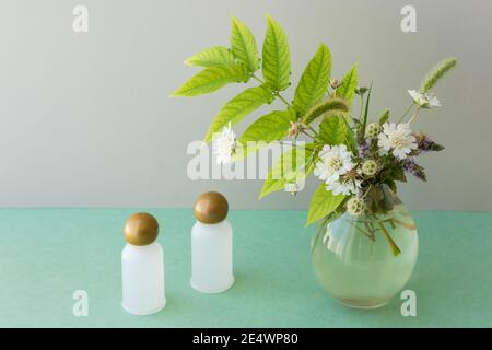 Natural cosmetics. Two bottles for oils, gels or shampoos. Still life in natural shades. Field bouquet in a vase on a light beige and green background Stock Photo