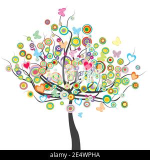 Colored tree with flowers, butterflies and circle shape leaves Stock Vector