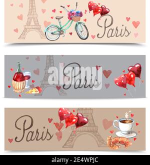 Paris  romantic love balloons and red wine with eiffel tower background banners set abstract watercolor vector illustration Stock Vector