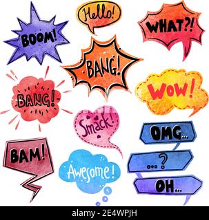 Watercolor comics speech bubble with expressions stickers set isolated vector illustration Stock Vector