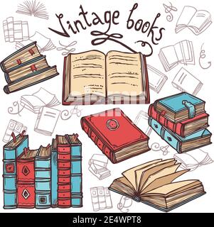 Retro sketch books decorative icons set library concept vector illustration Stock Vector