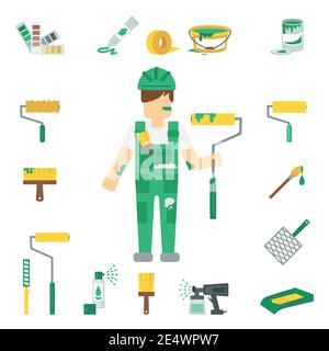 House painter flat decorative icons set with man working and home repairing tools isolated vector illustration Stock Vector