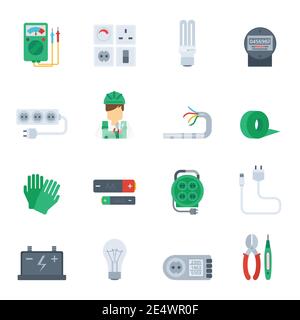 Electricity icon flat set with electrician tools plug pliers isolated vector illustration Stock Vector
