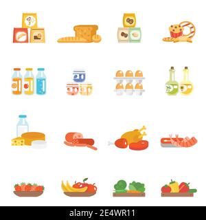 Supermarket food set with meat steak bakery eggs milk products isolated vector illustration Stock Vector