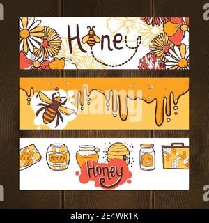 Honey hand drawn horizontal banner set with beehive honeycomb flying bee elements isolated vector illustration Stock Vector