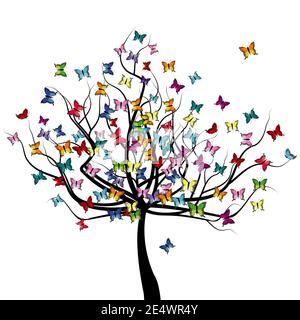 Tree with colored butterflies flying around it Stock Vector
