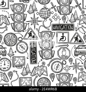 Navigation hand drawn seamless pattern with traffic signs map and satellite vector illustration Stock Vector