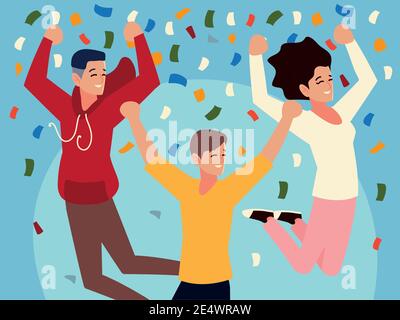 group of people jumping celebrating confetti party vector illustration Stock Vector