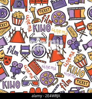 Cinema seamless pattern with hand drawn film and entertainment signs vector illustration Stock Vector