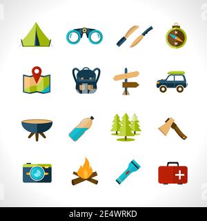 Camping icons set with tent binoculars knife compass isolated vector illustration Stock Vector