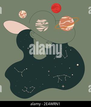 Woman portrait and planets on hat, galaxy space Stock Vector