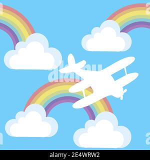 Cartoon background with plane and clouds and rainbow in the sky Stock Vector