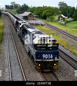 Black Coal Being Shipped by Rail to Port of Newcastle for Export - Hunter Valley Australia Stock Photo