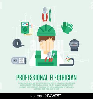 Professional electrician concept with electricity tools and equipment flat icons vector illustration Stock Vector