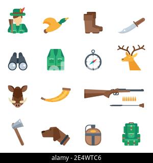 Hunting icons flat set with knife hunter duck boots binoculars isolated vector illustration Stock Vector