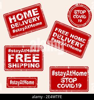 Set of rubber stamps with Stay at home and Free Home Delivery Stock Vector