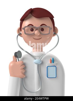 Cartoon character 3d avatar middle age smiling caucasian male professional doctor isolated on white Stock Photo