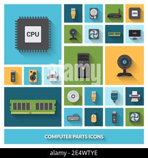 Computer parts decorative icons set with processor camera keyboard isolated vector illustration Stock Vector