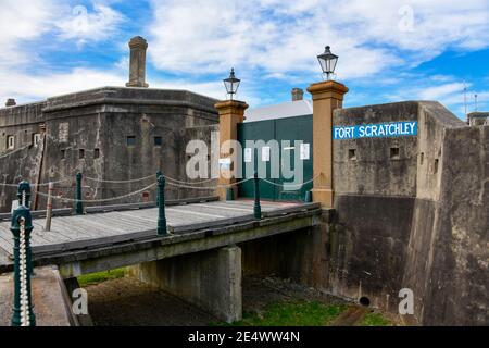 Fort Scratchley Exterior, WWII Fort, with Green Canon Gun, Newcastle Australia Stock Photo