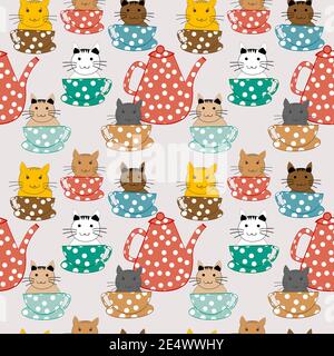 Cartoon cats in cups seamless pattern Stock Vector