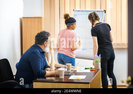 Happy multiethnic casual business team in meeting discussing strategy plan Stock Photo