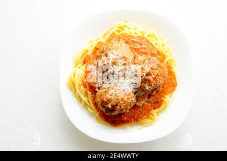 whole wheat spaghetti and meatballs in tomato sauce Stock Photo