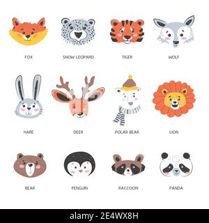 Animals muzzles and portraits, fox and polar bear Stock Vector
