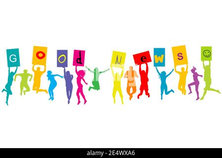 Group of people silhouettes jumping and holding letters of words GOOD NEWS on raised hands Stock Vector
