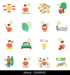 Ideas development creative thinking and imagine icons flat set isolated vector illustration Stock Vector
