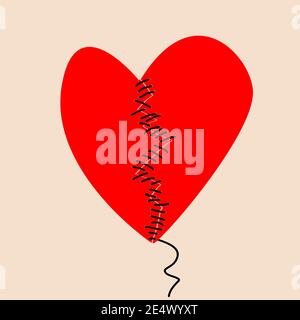 Fixing a broken heart concept with two halves of heart sewed with black thread Stock Vector