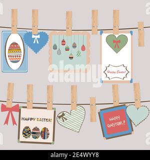 Vintage Easter frames and decorations hanging on a rope in cloth pegs Stock Vector
