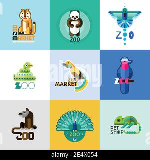 Zoo market pet shop logo set with wild animals and cute birds isolated vector illustration Stock Vector