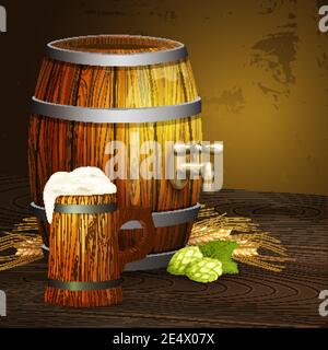 Old vintage beer bar background poster print with oak barrel and big wooden mug realistic vector illustration Stock Vector