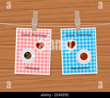 Greeting card with cups of tea, coffee and heart shaped cookies. Valentines day. Cartoon flat style. Vector illustration Stock Vector