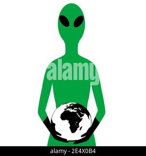Abstract concept with alien holding the Earth globe in his hands Stock Vector