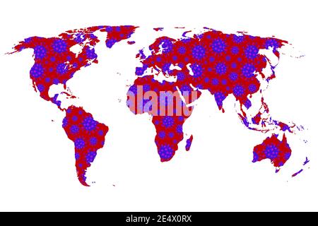 Stylized World map with Coronavirus (Covid-19) over entire world Stock Vector