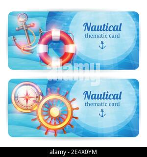 Nautical vintage thematic sailboat marine club members two cards emblems horizontal banners set abstract isolated vector illustration Stock Vector