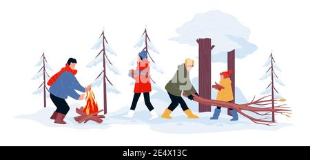 Winter camping of family, rest on vacations vector Stock Vector
