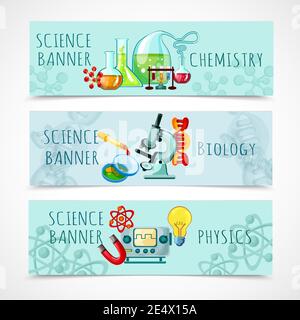Science horizontal banner set with chemistry biology and physics elements cartoon isolated vector illustration Stock Vector