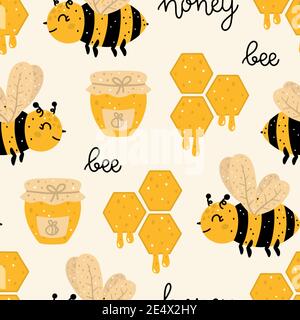 Honey bee seamless pattern with bee, honey jar and honeycomb. Childish hand drawn Scandinavian style vector illustration. Stock Vector