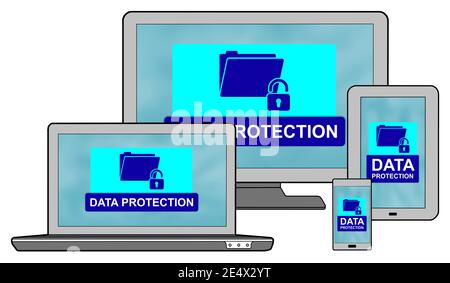 Data protection concept shown on different information technology devices Stock Photo