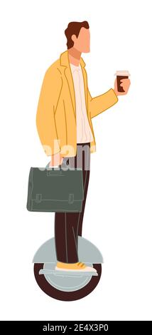 Man with coffee riding on gyroboard or scooter Stock Vector