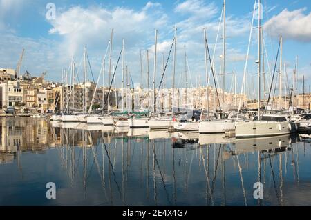 luxury sailboats moored in Senglea Marina, Valletta - Malta Stock Photo