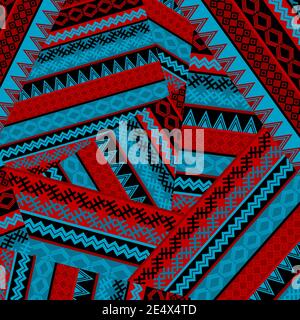 Creative seamless patchwork pattern with blue and red geometrical motifs Stock Vector