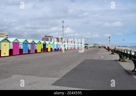 A row of beach huts along Hove seafront, UK Stock Photo