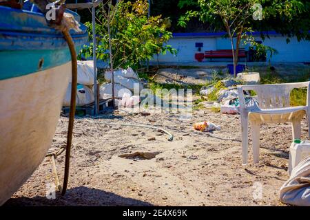 Colorful little cat is lying and resting on the sandy beach. Stock Photo