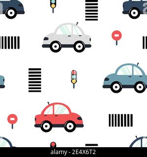 Car childish seamless pattern with traffic lights, crosswalks and colorful cars isolated on white background. Hand drawn vector illustration. Stock Vector